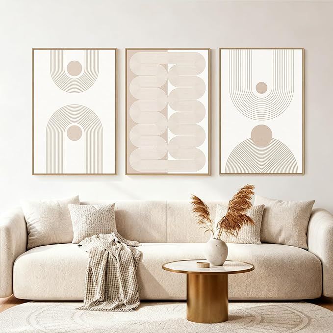 SAFERRYHOME Large Boho Neutral Abstract Beige Modern Wall Art, 24"x36"x3 | Mid Century Neutral Framed Canvas Print Modern Wall Decor,Geometric Line Artwork for Living Room Bedroom Office,Ready to Hang