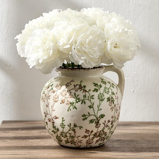 Green and Beige Antique Vase, 5.39 Inch Vintage Chinoiserie Floral Vase, Rustic Ceramic Vase for Home Decor, Living Room, Bookshelf, Office, Entryway, Garden, Chinoiserie Decor, Tuscan Decor