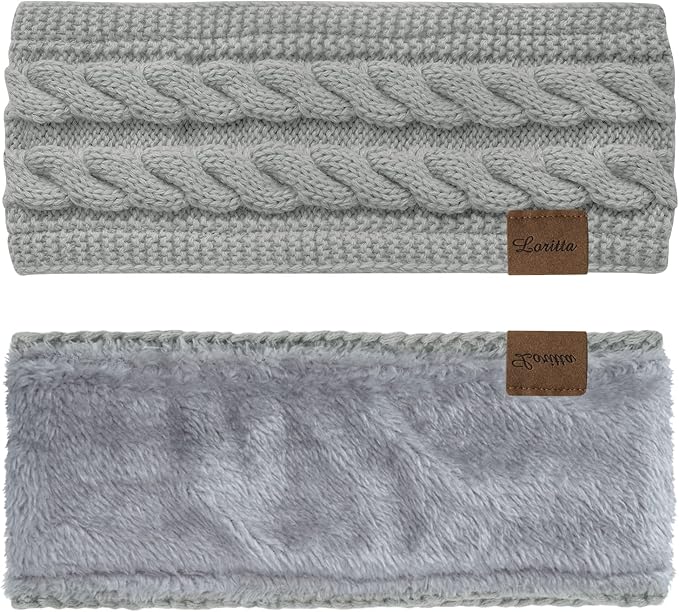 Loritta 2 Pack Headbands for Women Winter Warm Cable Knit Ear Warmer Thick Head Wrap Fuzzy Fleece Lined Gifts