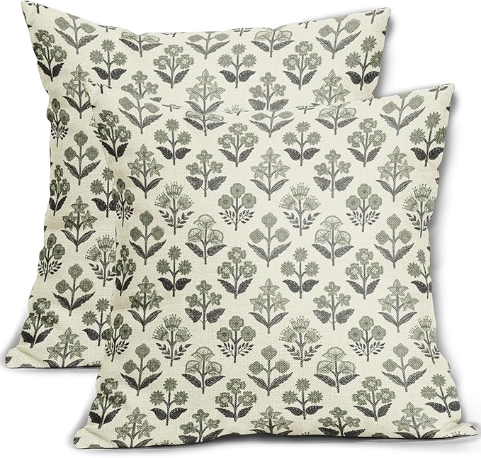 Black Sage Green Floral Block Print Pillow Covers 22x22 Inch Set of 2, Vintage Flower Pattern Spring Summer Decorative Throw Pillowcases Outdoor Farmhouse Cushion Covers Seasonal Sofa Couch Bed Decor
