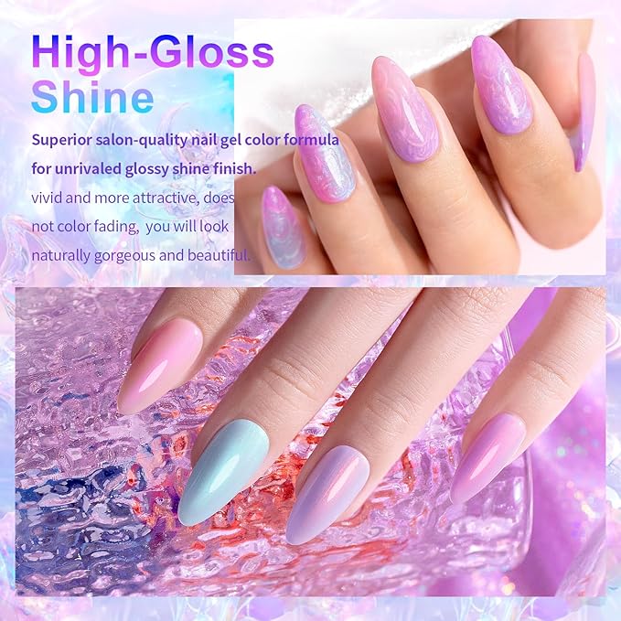 RARJSM Pearlescent Gel Nail Polish Set Mermaid Dreams Iridescent Shell Glitter Gel Polish 6 Colors Pink Blue Green Purple Gold Shimmer Swirl Thread Effect Soak Off Curing Requires Home Salon