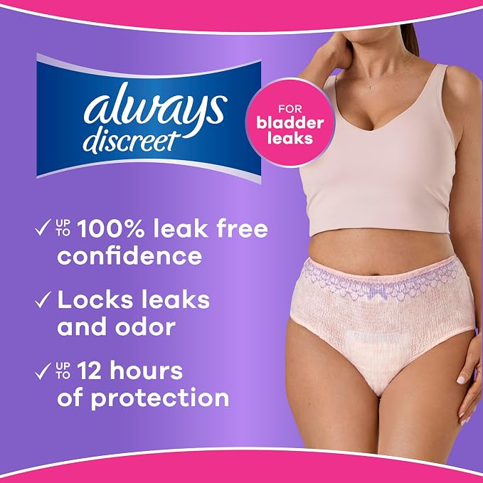 Always Discreet Reimagined Adult Diapers for Women, Maximum Absorbency Incontinence and Postpartum Underwear Size XL/XXL, Up to 100% Leak Free Bladder Leak Protection, 11 Count