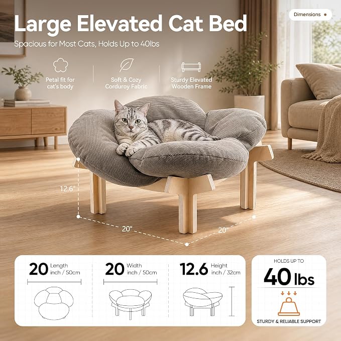 JUNSPOW Elevated Cat Bed with Wooden Stand, Holds Up to 40lbs with Ease | Removable Soft Cushion for Kitty And Puppy, Suitable and Comfortable Pet Bed for Indoor & Outdoor Cats