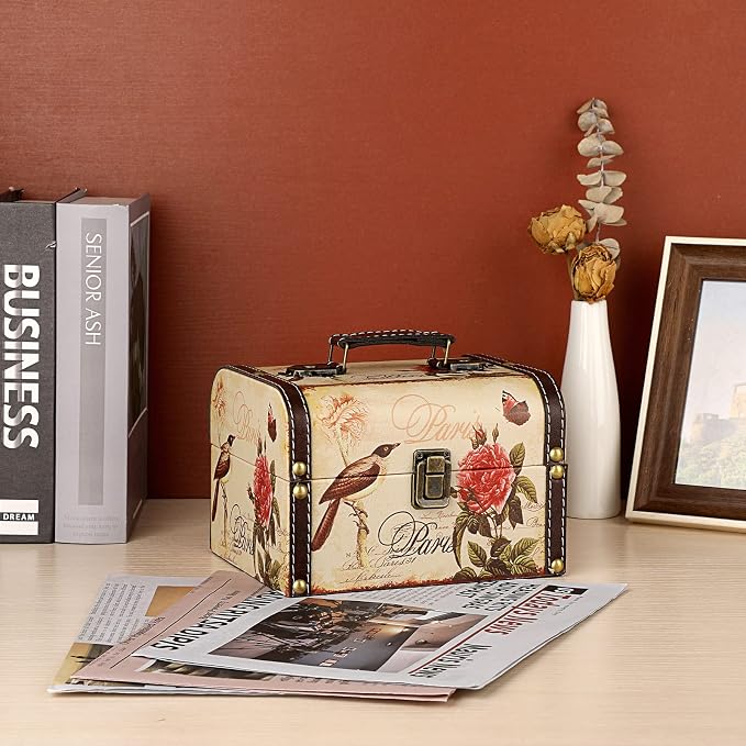 ELLDOO Decorative Treasure Chest Box, Wooden + PU Leather Storage Box for Jewelry Trinkets, Keepsakes box for Girls Women Gifts (Bird + Flower Pattern)