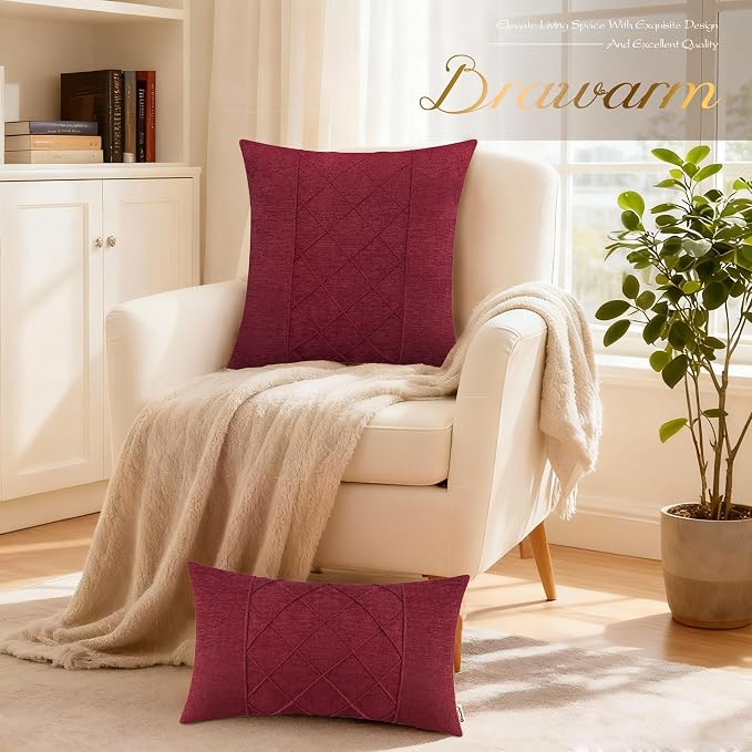 BRAWARM Chenille Throw Pillow Covers 22x22 Inches, Burgundy, 2 Pack | Decorative Pleated Pillow Covers, Soft Cushion Cases for Sofa Bed Living Room Home Farmhouse (No Insert)