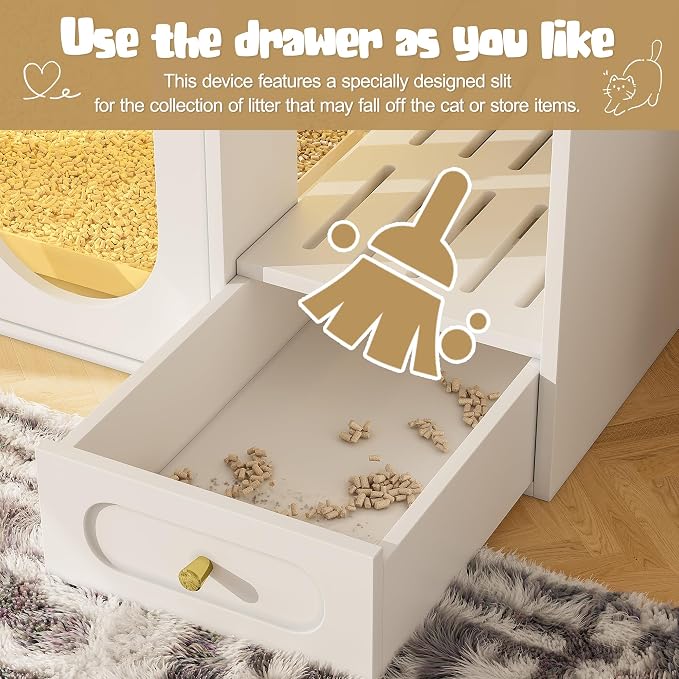 Cat Litter Box Enclosure with LED Light, Hidden Litter Box Furniture with Storage Drawers and Acrylic Doors, Cat Cabinet Indoor Pet House End Table, Fits Most Litter Boxes for Living Room Bedroom