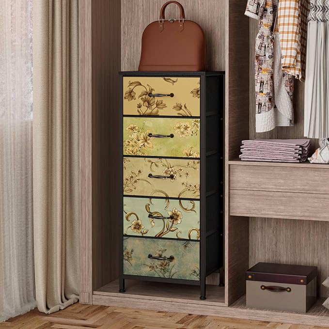 5 Drawer Dresser for Bedroom, Vintage Tall Skinny Storage Dressers | Fabric Dresser with 5 drawers, Vertical Narrow Storage Tower, Small Chest of Drawers, Floral Retro Dresser for Dorm, Wood Top