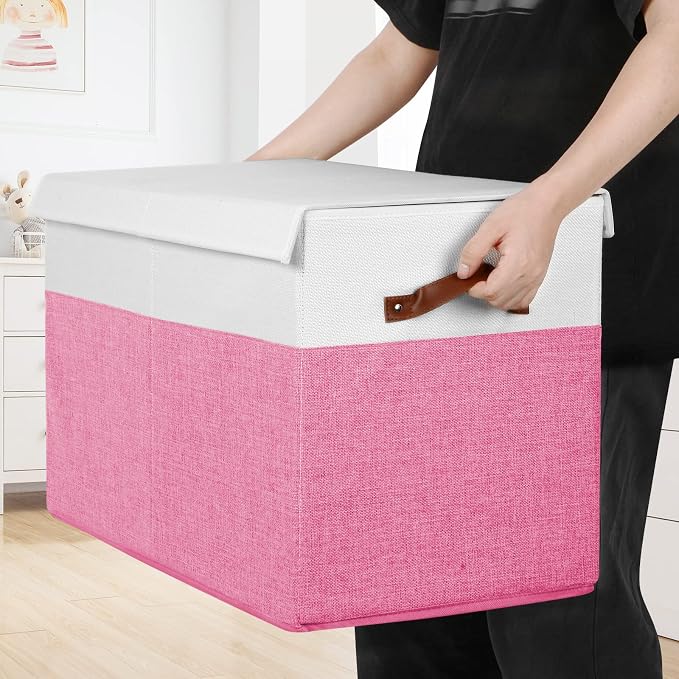 Large Toy Storage Box with Lid, Toy Chest Bin Boxes Basket with Dividers | Sturdy Toy Organizer Bin for Kids, Boys, Girls, Nursery, Living Room, Bedroom, Playroom 25"x13" x16" (Pink and White)
