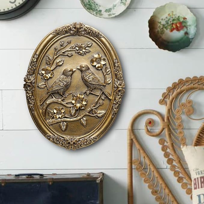 Vintage Bird Wall Art 2 Pack Antique Wall Decor Retro Wall Art Bird Wall Sculpture Hand Painted Wall Decoration with Embossed Birds Design Vintage Decor for Living Room Bedroom Gallery Unique Gifts (Gold Birds)