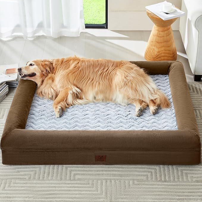 WNPETHOME Giant Dog Bed Orthopedic for Senior Dog Bed Comfy Sleeping | Washable Waterproof Dog Couch with Removable Cover, Large Pet Sofa Bed with Bolster Sides for Relaxing Brown 61x43 Inch