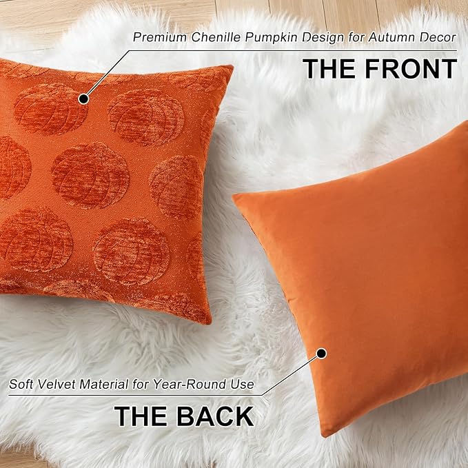 decorUhome Chenille Rust Pumpkin Soft Throw Pillow Covers 20x20 Set of 2 | Fall Decorative Jacquard Farmhouse Accent Modern Farmhouse Neutral Pillowcases for Bed Sofa Autumn Harvest Halloween Holiday