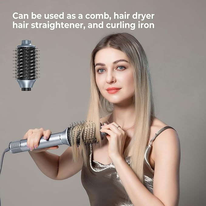 Hair Dryer Brush 5 in 1 Autowrap Hot Air Hair Styler with High-Speed Aluminum Alloy Blow Dryer Brush Volumizing, Straightening & Fast Drying with Negative Ion, No Heat Damage (Blue Silver)