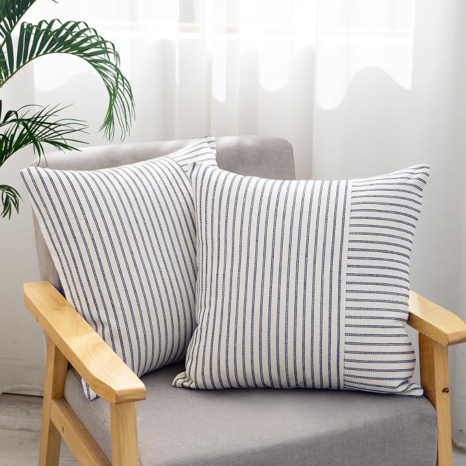 Farmhouse Euro Sham Pillow Covers 24x24, Modern Accent Throw Pillow Covers Set of 2, Navy and Beige Striped Patchwork Linen Decorative Pillows Cushion Covers for Bed Sofa Couch Living Room Home Decor