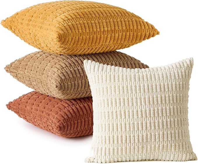 MIULEE Pack of 4 Fall Corduroy Decorative Throw Pillow Covers 20x20 Camel | Neutral Rustic Farmhouse Boho Soft Striped Pillow Covers,Home Decor for Sofa,Living Room,Couch,Bed