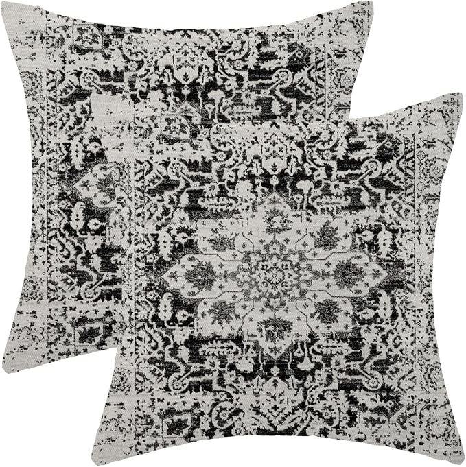 AEIOAE Boho Pillow Covers 18x18 Inch Set of 2,Black Grey Gray Carpet Pattern Throw Pillows Case,Ethnic Design Retro Outdoor Decorative Square Linen Farmhouse Decor Cushion Covers for Home Sofa Couch