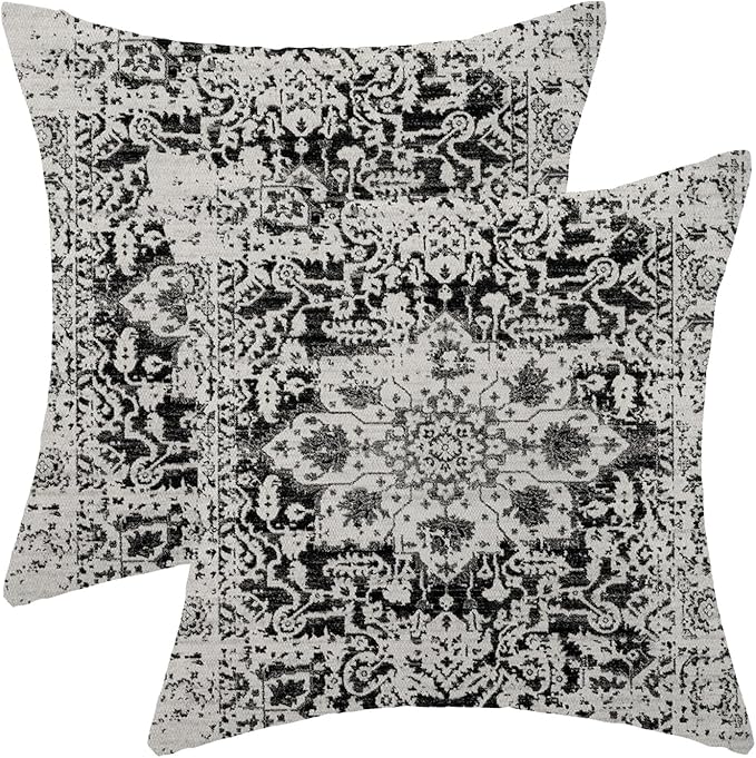AEIOAE Boho Pillow Covers 16x16 Inch Set of 2,Black Grey Gray Carpet Pattern Throw Pillows Case,Ethnic Design Retro Outdoor Decorative Square Linen Farmhouse Decor Cushion Covers for Home Sofa Couch