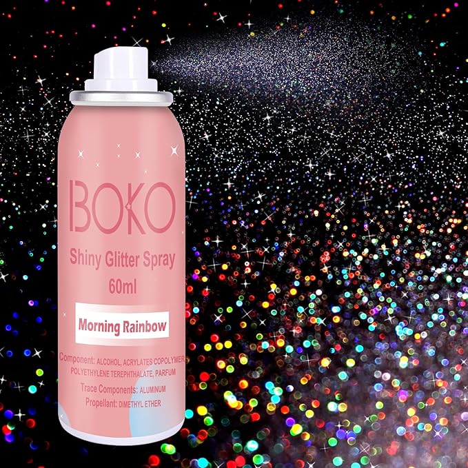 Boko Body Glitter Spray, 60ML Holographic Silver Glitter Spray for Body Hair Clothes, Quick-Drying and Long-Lasting Glitter Hairspray Body Shiny for Festival Music Concert Party Rave Accessories