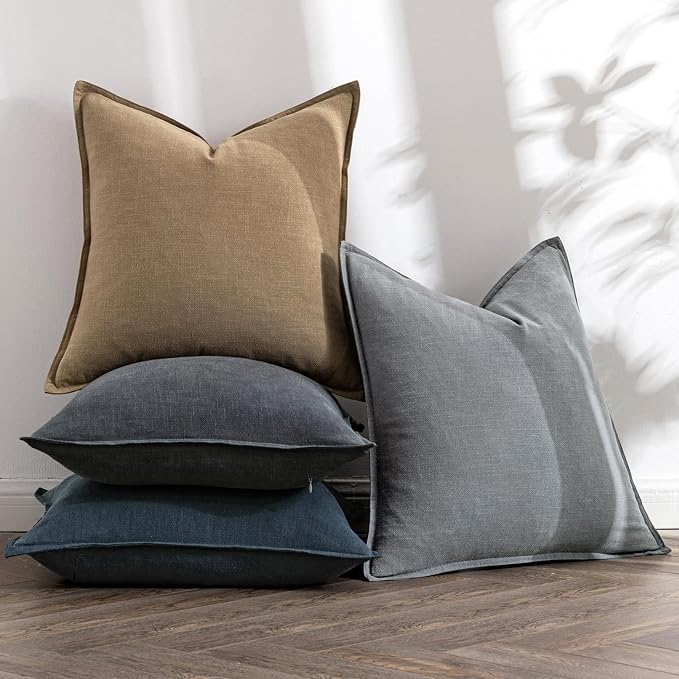 MIULEE Neutral Navy Boho Linen Pillow Covers 18x18 Inch Pack of 4 | Natural Decorative Throw Pillow Covers, Soft Farmhouse Couch Pillowcases, Coastal Home Decor for Living Room Bed Sofa