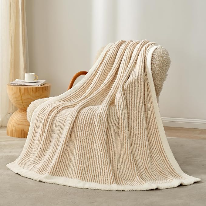 Snuggle Sac Fluffy Bedding Blanket Twin Size, Soft Luxurious Knit Throws, Fuzzy Microfiber Blankets for Couch, Sofa, Bed, Cream Beige, 60x80 inches
