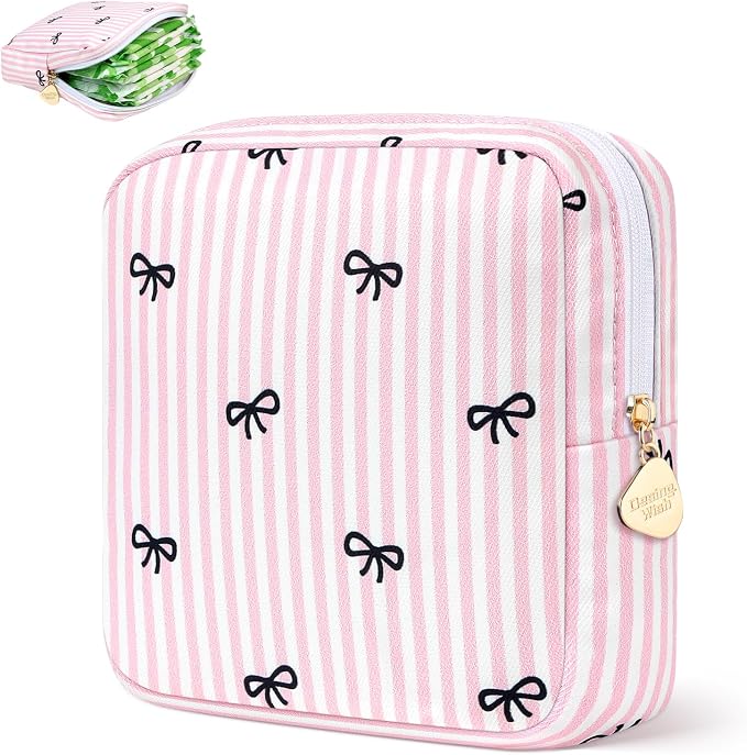 Sanitary Pad Storage Bag Portable Period Bag for Teen Pads/Sanitary Napkins/Small Tampons, Sanitary Napkin Storage Bag First Period Gifts for Teen Girls (Pink Stripe Bowknot)