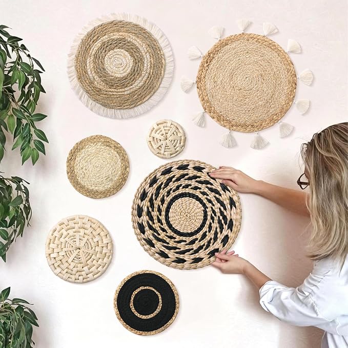 LOMOHOO Set of 7 Boho Wall Basket Decor Wicker Woven Wall Basket Decoration | LOMOHOO Bohemian Handcrafted Round Basket Hanging Decor Bulrush Wall Art Decors for Living Room Rustic Home