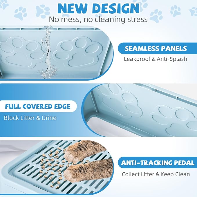Covered Cat Litter Box, Extra Large Drawer Design with Dual Entry, Blue | 13L litter capacity, adjustable door, leakproof structure, cleaning accessories, complimentary cat litter mat