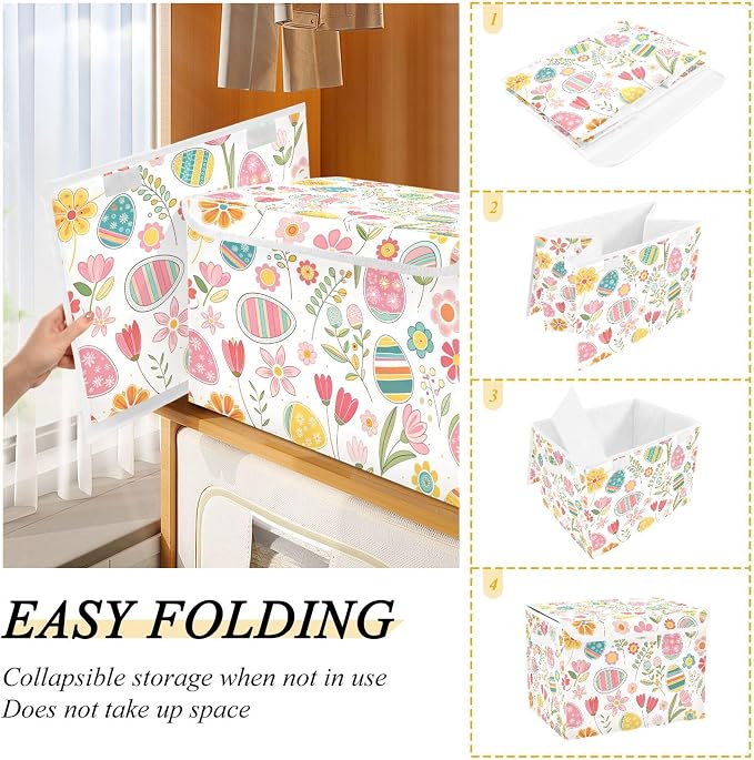 Easter Flower Eggs Storage Bins with Lids and Carrying Handle,Foldable Storage Boxes Organizer Containers Baskets Cube with Cover for Home Bedroom Closet Office