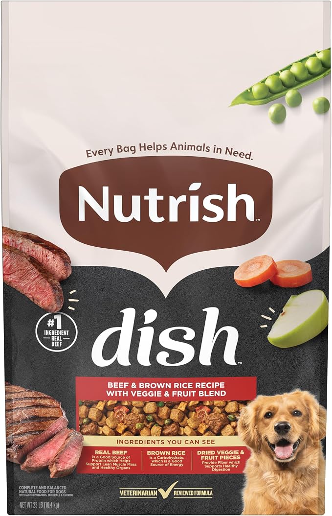 Nutrish Dish Dry Dog Food, Beef Recipe, 23 lb. Bag (Rachael Ray) | Made with Brown Rice and Veggies & Fruit Blend, Veterinarian Reviewed Formula, Complete & Balanced Nutrition For Dogs