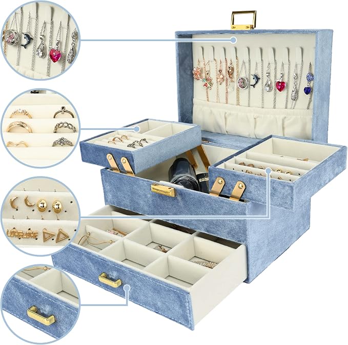 Jewelry Organizer Box, Large Jewelry Boxes for Women Girls, Space-Saving 3 Layers Jewelry Storage Case with Drawer, Gift Idea for Christmas, Valentine's Day, Birthday, Mother's Day (Blue)