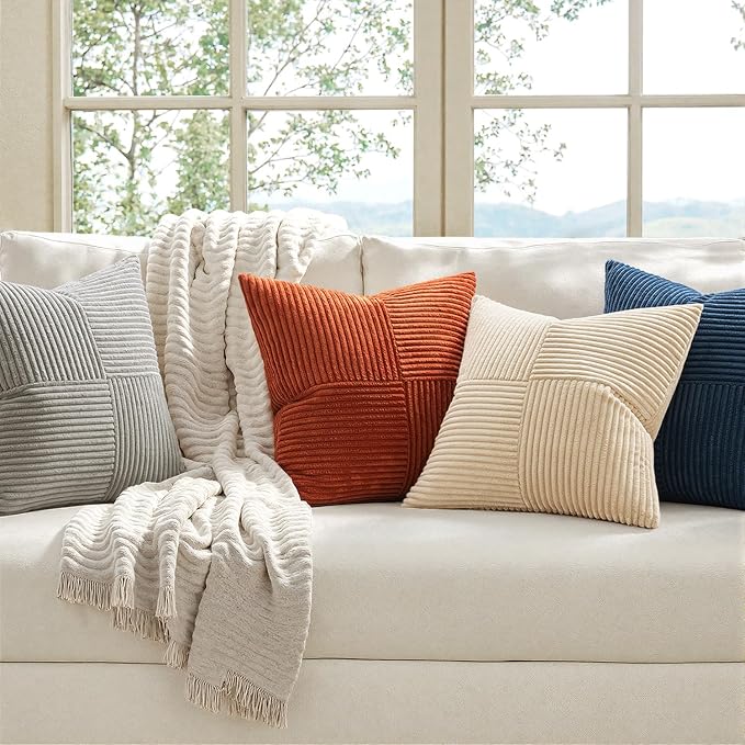 MIULEE Blue Rust Throw Pillow Covers 18x18 Inch Set of 4 Boho Farmhouse Cushion Cases Soft Corduroy Nordic Corduroy Pillow Cases Patchwork Home Decor for Couch Sofa Bedroom