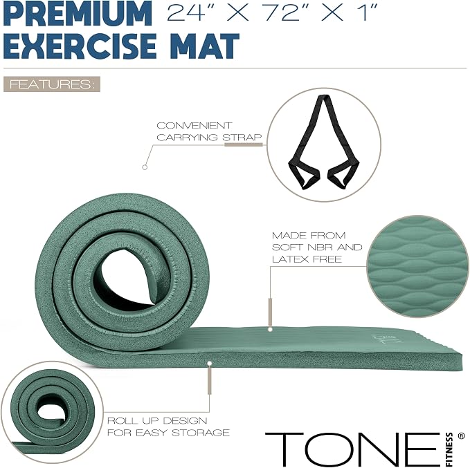 Tone Fitness 1-Inch Thick Yoga Mat | High-Density, Non-slip Exercise Mat with Carrying Strap for Yoga, Pilates, & Home Gym Workouts | Multiple Options