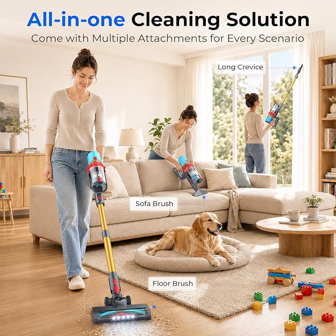 Cordless Vacuum Cleaner, 600W/55KPa/75Min Powerful Stick Vacuum Cleaner