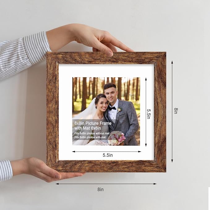 Hongkee 8x8 Picture Frames Set of 4, Made of Glass and Rustic Brown Wooden Frame - Display Picture 6x6 with Mat or 8 x 8 Without Mat, 8 by 8 Photo for Wall or Tabletop