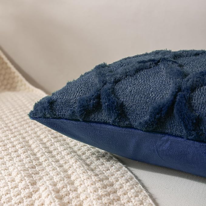 Set of 2 Soft Moroccan Throw Pillow Covers 24x24 Inch Plush Boho Decorative Pillow Cover Accent Cushion Case for Couch Sofa Bed, Navy Blue