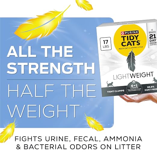 Purina Tidy Cats LightWeight 4-in-1 Strength Cat Litter, 17 lb | 99.9% dust-free formula, 21-day odor control, tight clumping for multi-cat homes, easy to carry