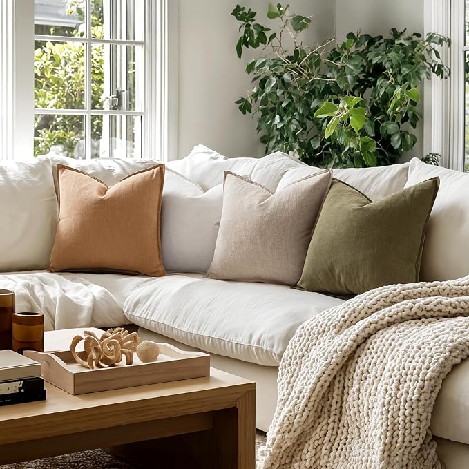 MIULEE Brown Boho Linen Decorative Pillow Covers 20x20 Inch Pack of 4 | Natural Throw Pillow Covers, Soft Farmhouse Couch Pillowcases, Modern Home Decors for Living Room Bed Sofa