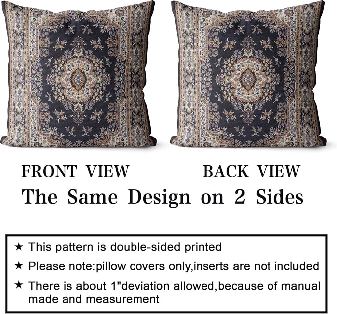 Snycler Boho Throw Pillow Covers 20x20 inch Set of 2 Black Medallion Border Area Rug Double Sided Pattern Cotton Soft Pillow Case Cushion Cover Pillowcase for Couch Sofa Bed Decorative