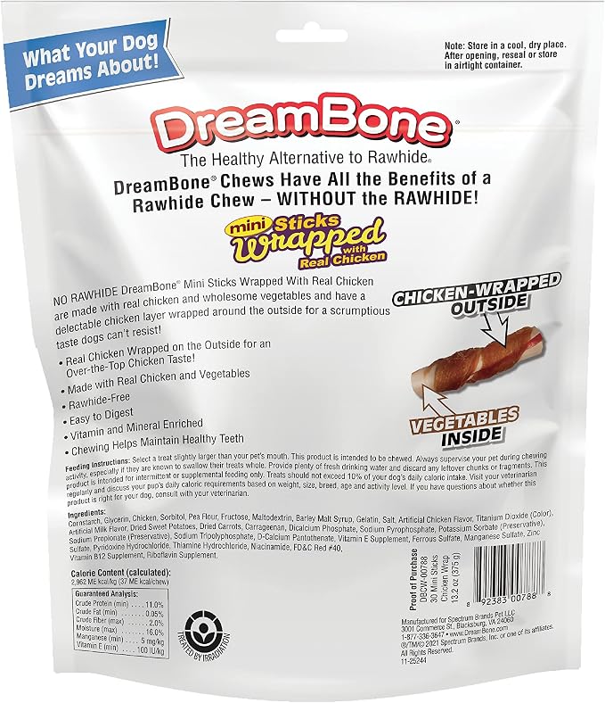 DreamBone Mini Chicken Wrapped Stick Rawhide-Free Dog Treats, 30 Count | Daily Chew, Digests Safely and Completely, Made With Real Protein, Chicken and Veggies, For Adult Dogs