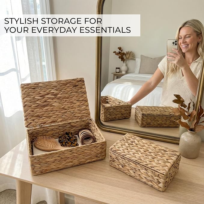 ZICOTO Decorative Storage Boxes with Lids - Set of 2 Wicker Organizer Bins | Beautiful Rattan Design for Shelves and Home Decor - Safely Store Photos, Documents and Memory Box Keepsakes in Style