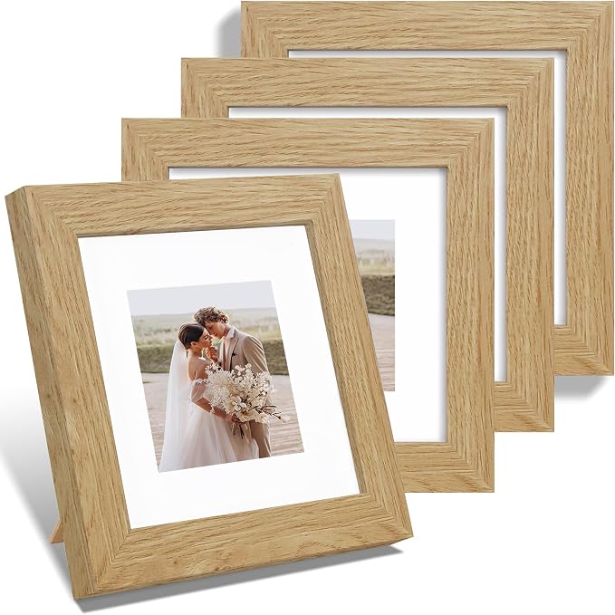 Hongkee 6x6 Picture Frame Set of 4, Made of Glass and Natural Oak Wooden Frame - Display Picture 4x4 with Mat or 6 x 6 Without Mat, 6x6 Photo for Wall or Tabletop