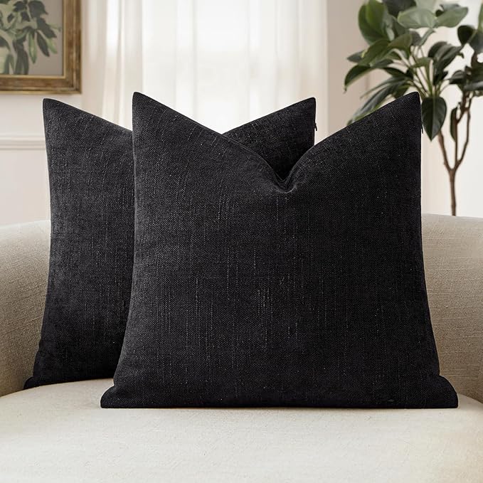 MIULEE 24x24 Inch Euro Textured Chenille Throw Pillow Covers Black | Pack of 2 Decorative Soft Throw Pillows,Solid Textured Cushion Covers,Modern Home Decor for Bed Couch Sofa Bedroom Livingroom