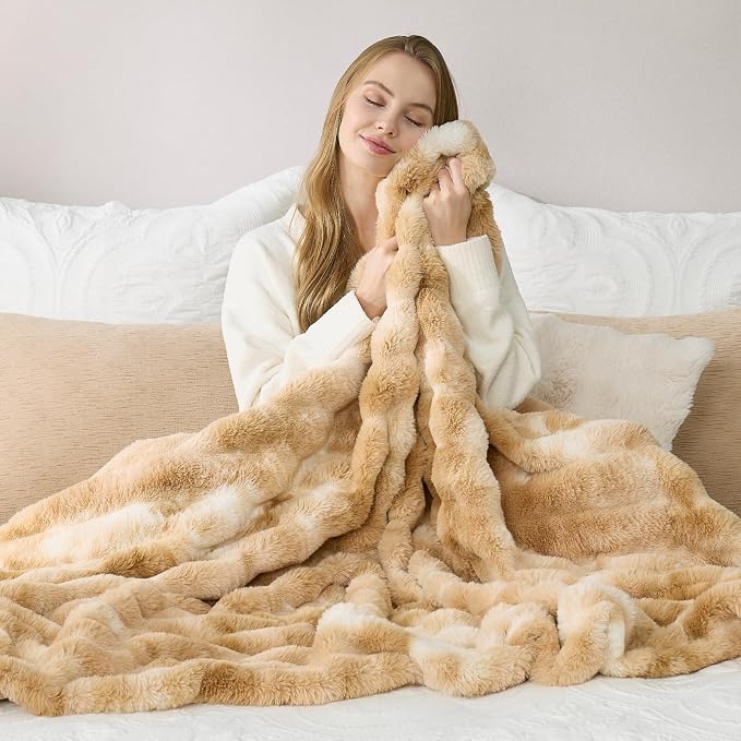 Cozy Bliss Deluxe Striped Rabbit Faux Fur Throw Blanket, 60"x80" | Soft Fluffy Warm Plush Blanket for Winter, Modern Homr Decor,
