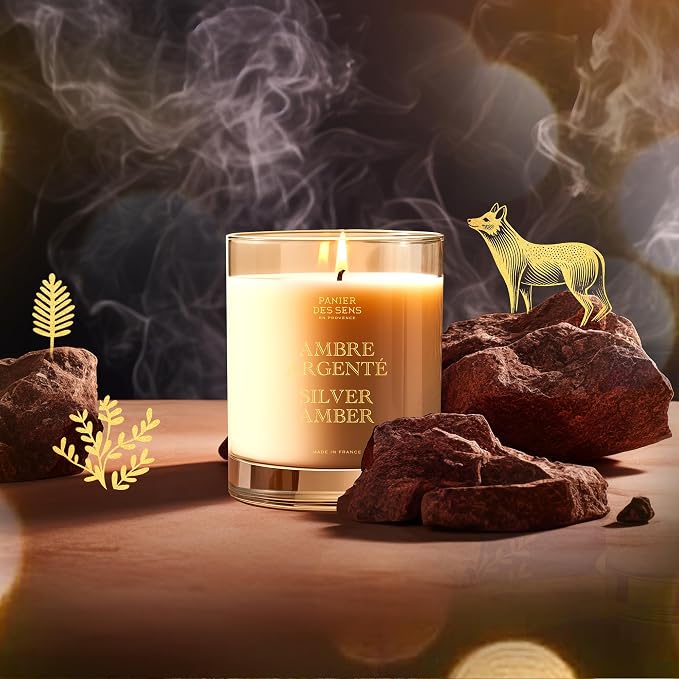 Panier des Sens Silver Amber Long-Lasting Scented Candle, 6.3 oz | Hand-Poured In Provence | Up To 55 Hours Burn Time | 100% Natural Cotton Wick | Long-Lasting French Home Fragrance
