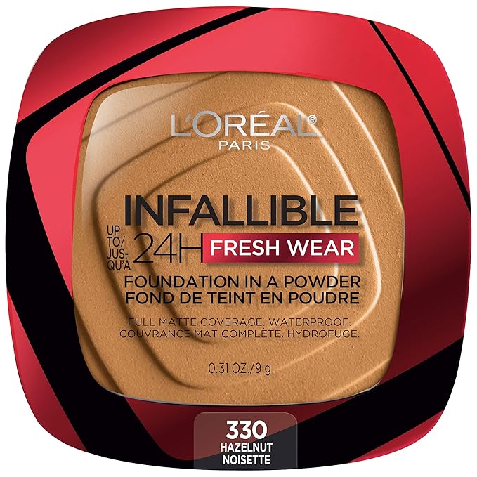 L'Oreal Paris Makeup Infallible Fresh Wear Foundation in a Powder, Up to 24H Wear, Waterproof, Hazelnut, 0.31 oz.