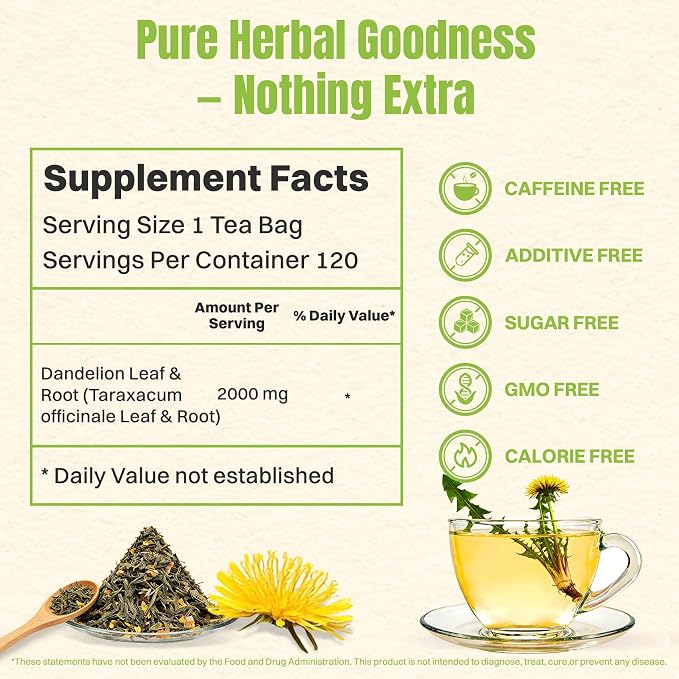 Hiihone Dandelion Root & Leaf Tea Bags 120 Count – Caffeine-Free Dandelion Herbal Tea, Supports Liver Cleanse, Detox & Digestion, Roasted Dandelion Root Tea, Natural Non-GMO