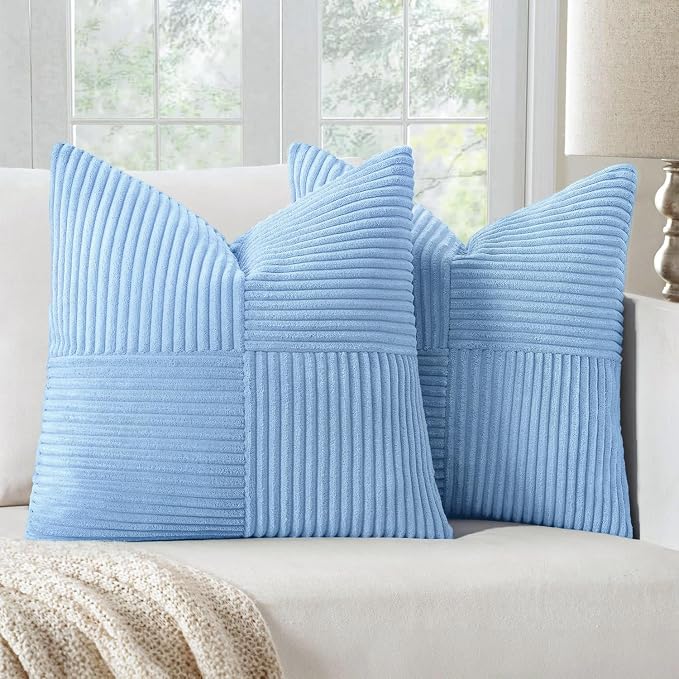 MIULEE Light Blue Decorative Throw Pillow Covers for Couch 18x18 Inch | 2 Pack, Boho Farmhouse Pillow Covers, Soft Cross Corduroy Patchwork Textured Cushion Cases For Bed Sofa