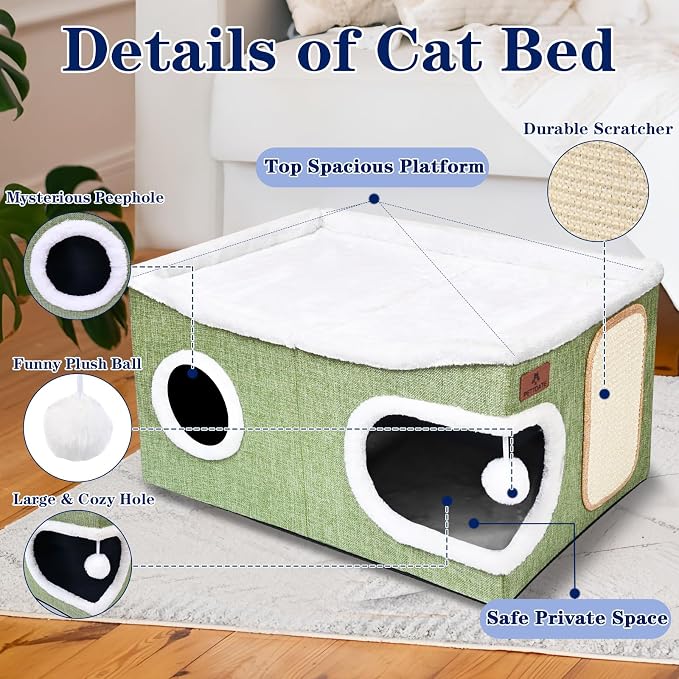 Extra Large Cat Beds for Indoor Cats, Covered Cat Cave Beds & Furniture with Scratch Pad and Fluffy Ball, Foldable Condo Hideaway with Reversible Cushion for Multi Small Pet Large Kittens, Green
