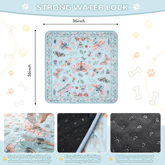 Lahome Washable Reusable Pee Pads for Dogs - Blue Butterfly & Insect Print 2 Pack Puppy Pads, Super Absorbent & Waterproof Training Mats for Crate & Floor - Leakproof with Non-Slip Backing (36"x36")