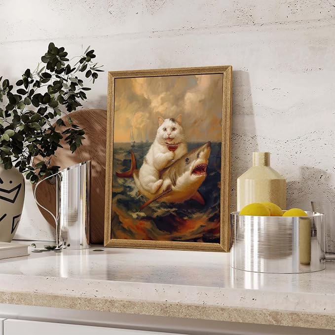 ICHZUMW Framed Funny White Cat Riding Shark Ocean Canvas Wall Art 12x16 In | Quirky Cat Drinking Wine Riding Shark Oil Painting, Humorous Bathroom Wall Decor, Bedroom Restroom Powder Room, Ready to Hang