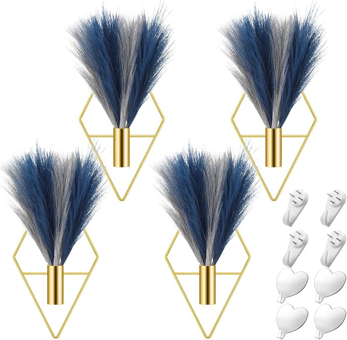 Hanaive 4 Sets Boho Wall Decor Metal Wall Art Hanging Planters with Artificial Pampas Display Modern Home Vase for Bedroom Home Office(Soft,Blue,Light Gray)
